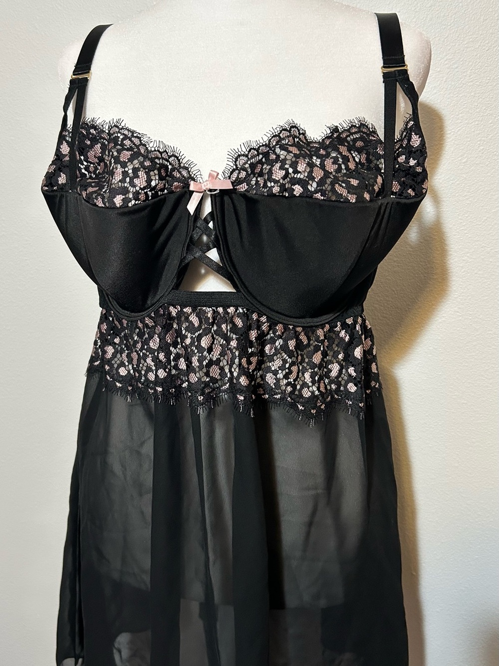 Cacique Black Babydoll lingerie with Pink Lace Accents